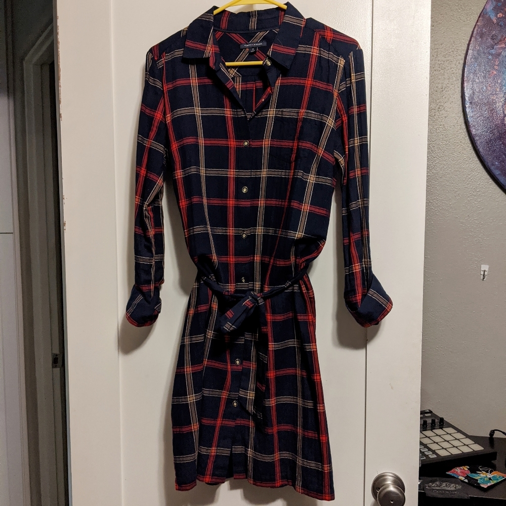 Navy Blue Belted Plaid Shirtdress